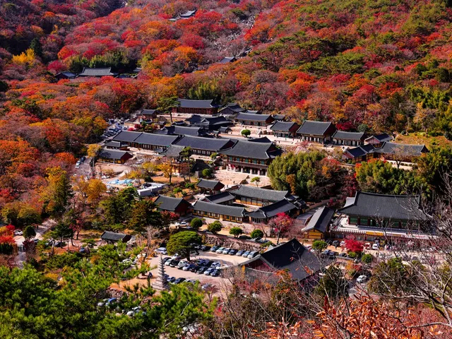 가을 단풍이 붉게 물든 금정산과 범어사 사찰 전경