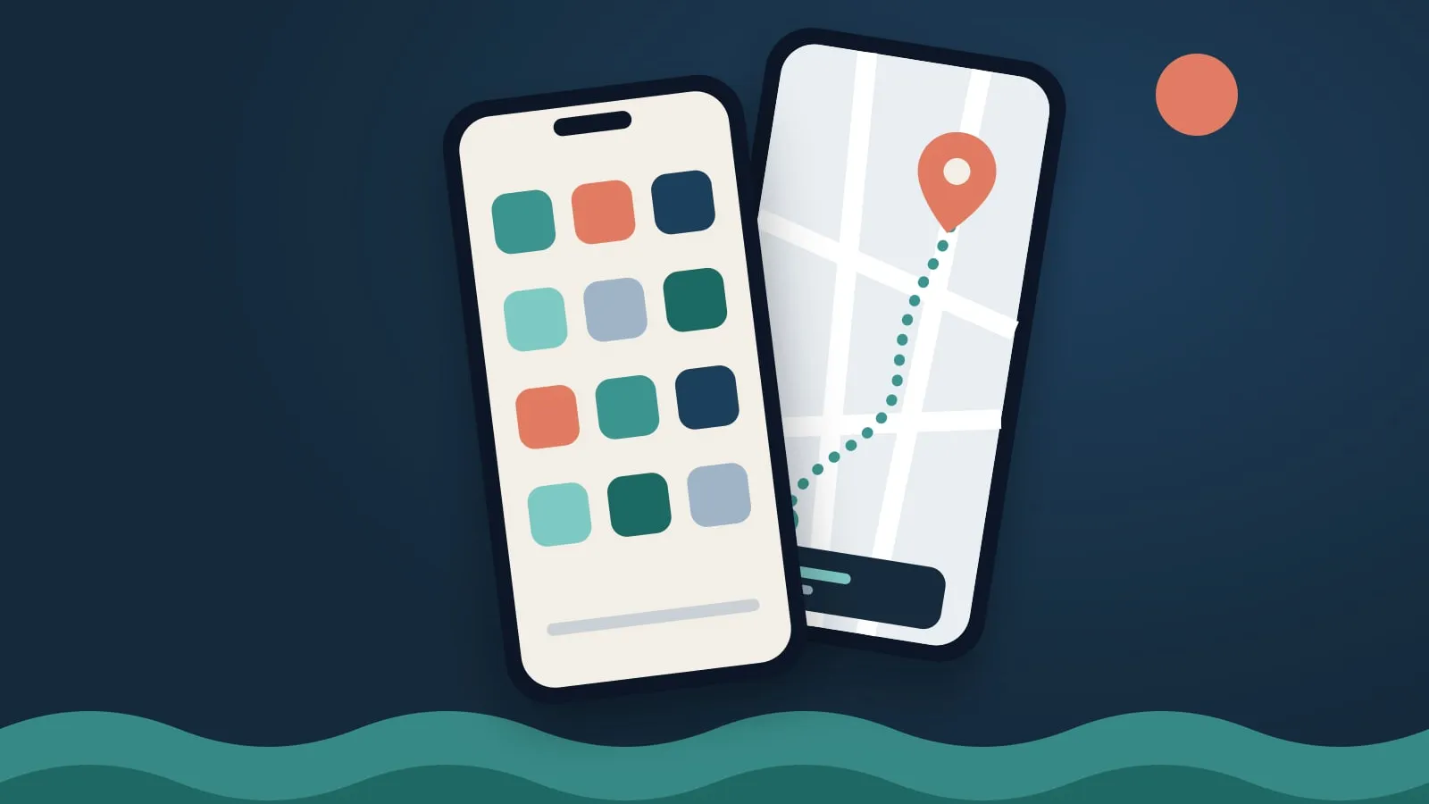 イラスト：アプリのアイコンと地図ルートを表示した2台のスマートフォン