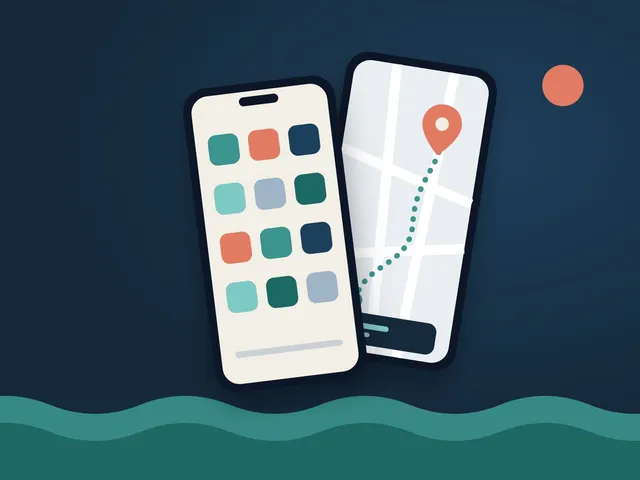 イラスト：アプリのアイコンと地図ルートを表示した2台のスマートフォン