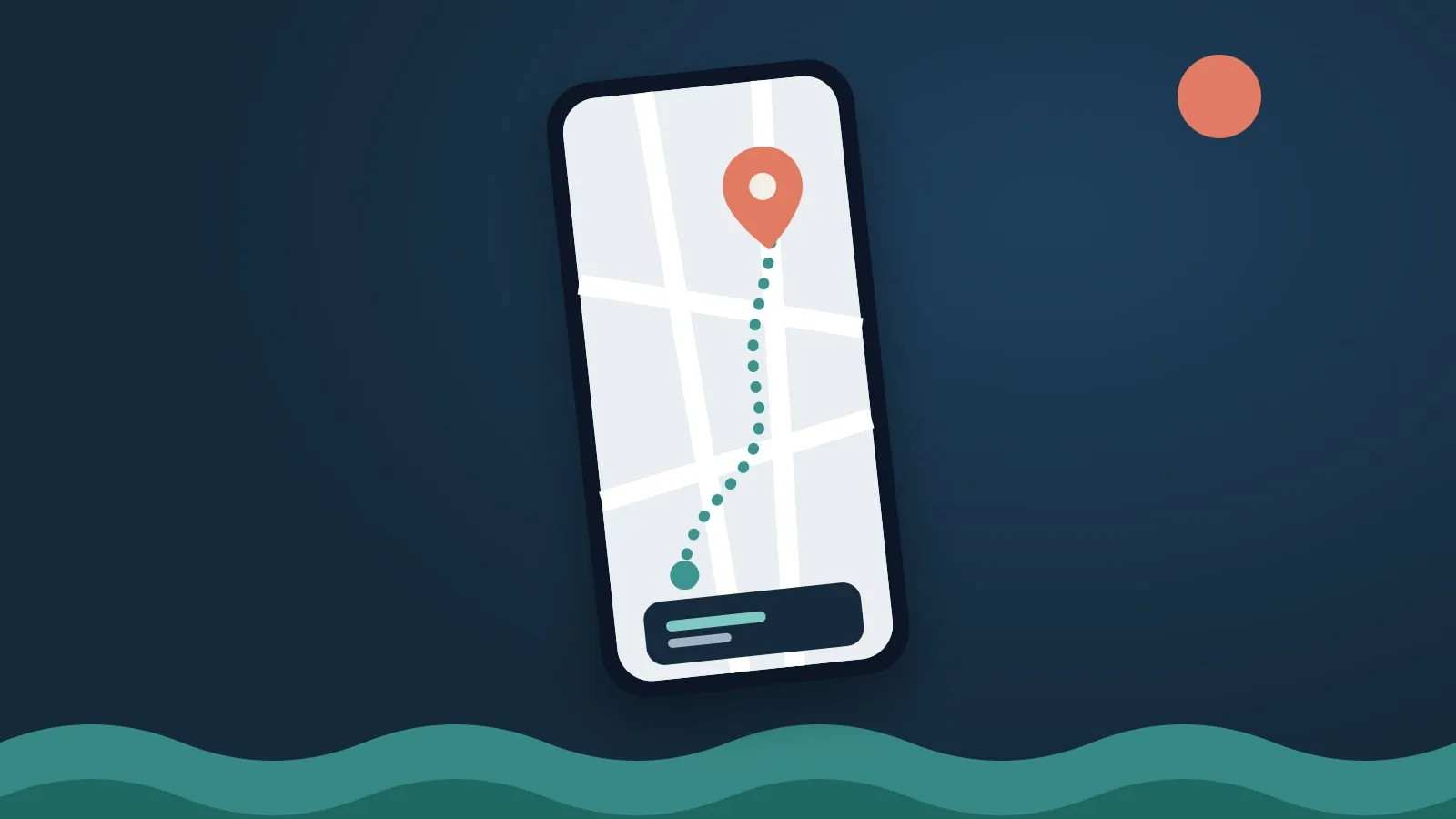 イラスト：スマートフォンの地図に表示された配車ルートと目的地ピン