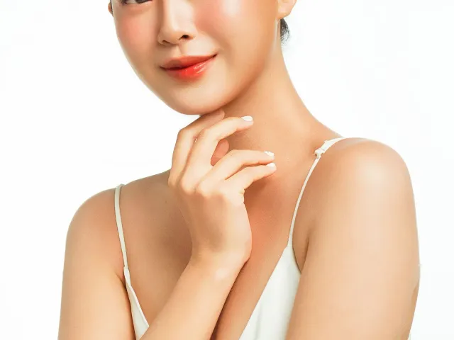 Close-up beauty portrait highlighting clear, radiant skin
