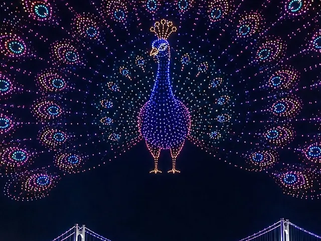 広安大橋の前の夜空に図柄を描くドローンライトショー