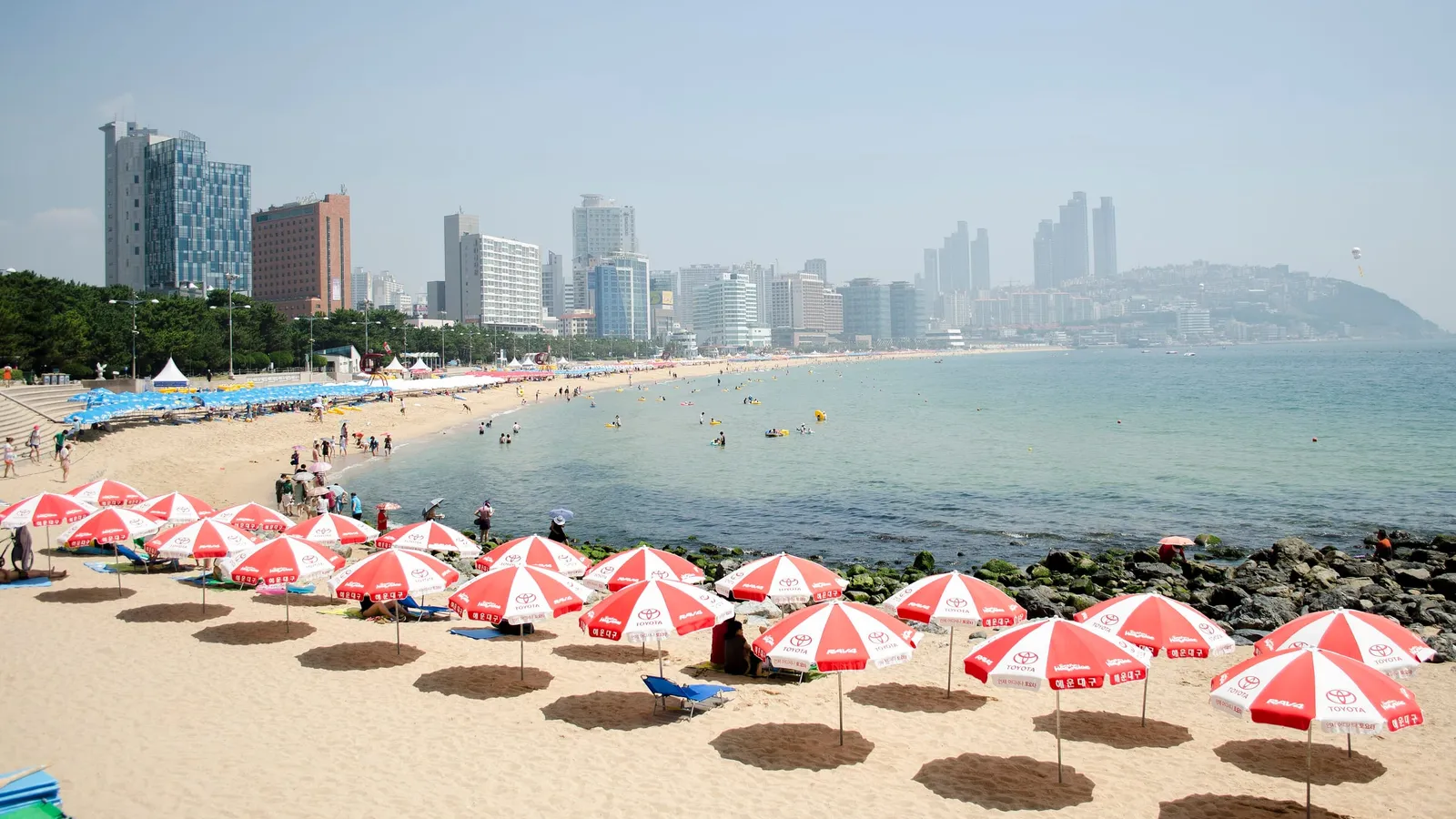Hotel skyline and sandy beach along Haeundae's coastline