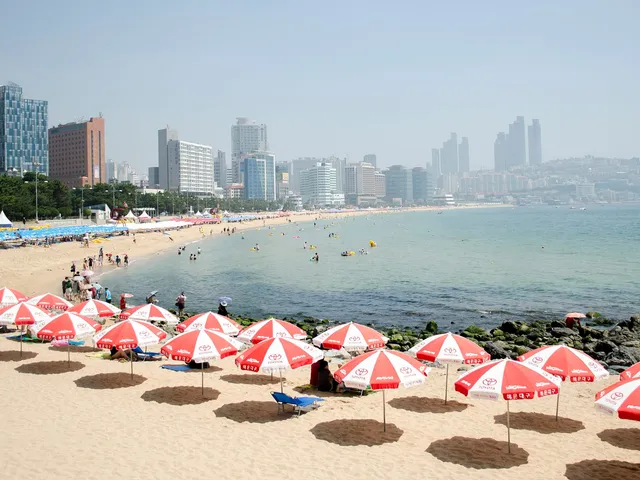 Hotel skyline and sandy beach along Haeundae's coastline