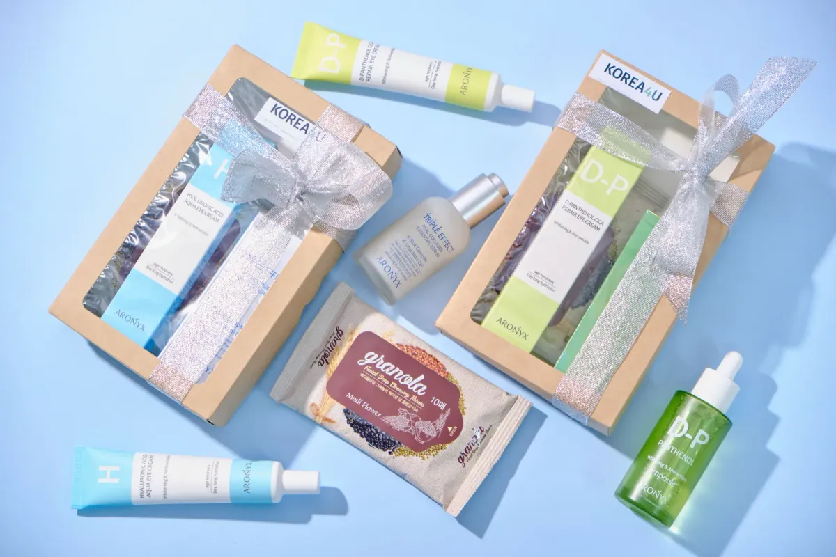 Ribbon-wrapped K-beauty gift sets with serums and creams