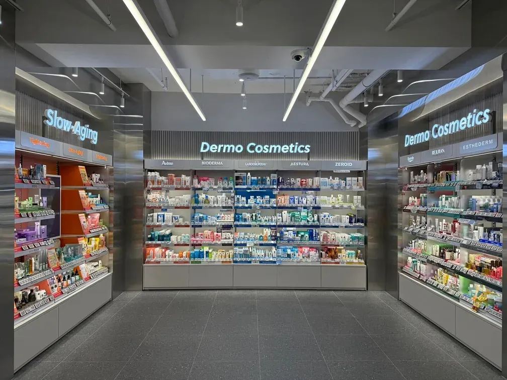 Dedicated dermo-cosmetics and skincare shelving inside the store