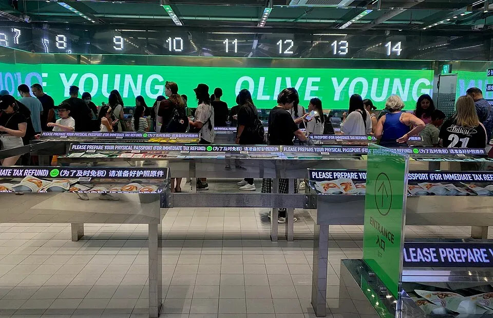 Olive Young checkout counter where foreign travelers show their passport for an instant tax refund