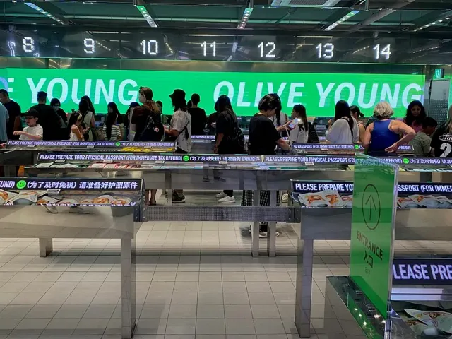 Olive Young checkout counter where foreign travelers show their passport for an instant tax refund