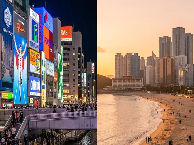 Osaka Dotonbori nightscape side by side with Busan Haeundae beach at sunset